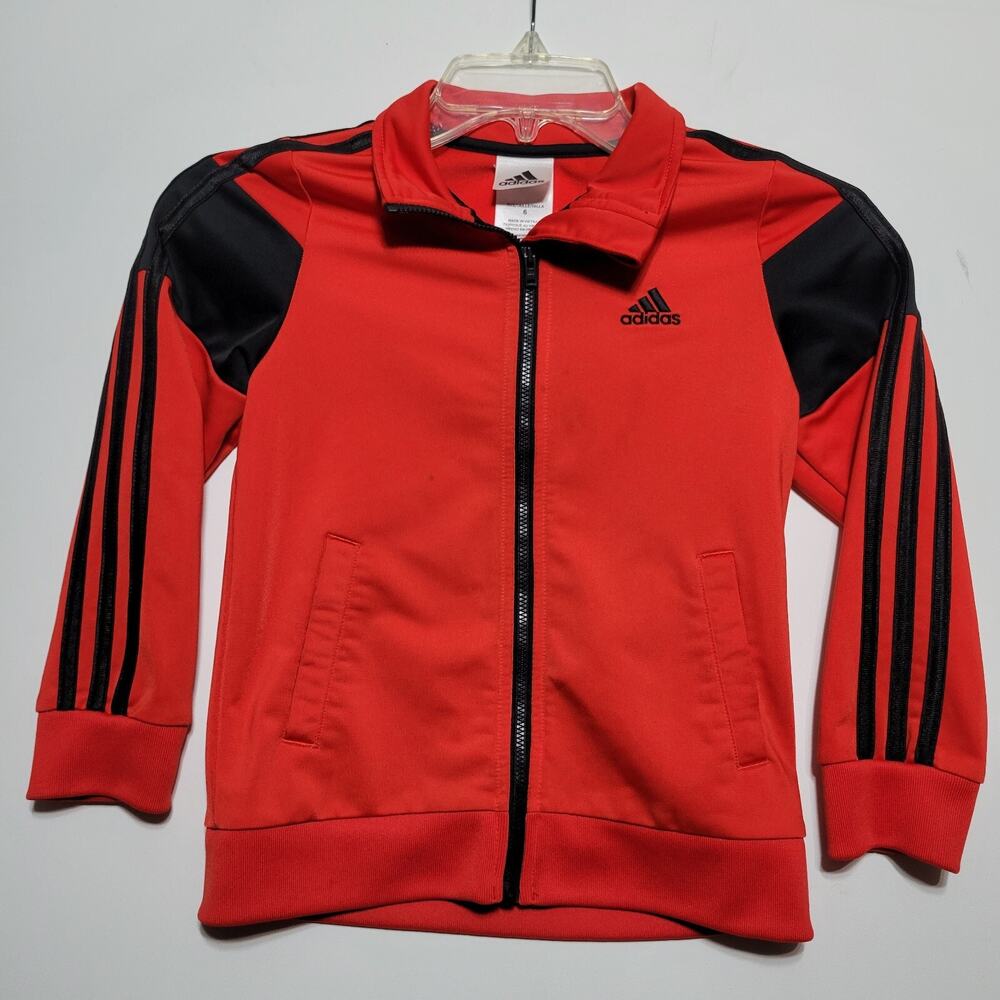 Adidas Track Jacket Full Zip Size 6 Unisex Black Red Pockets Stripe Full Zip